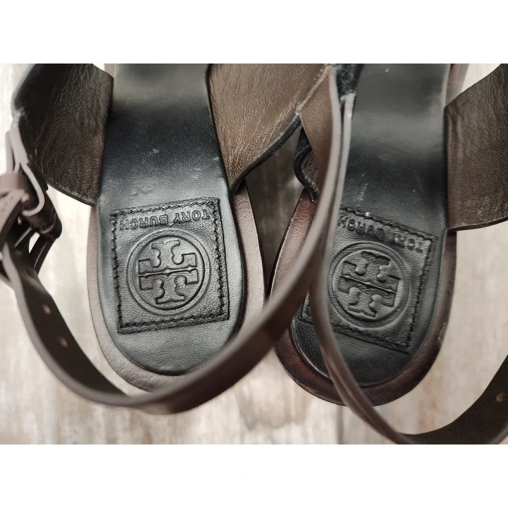 Tory Burch Brown Platform Sandals Snake Embossed Leather Slingback Block 